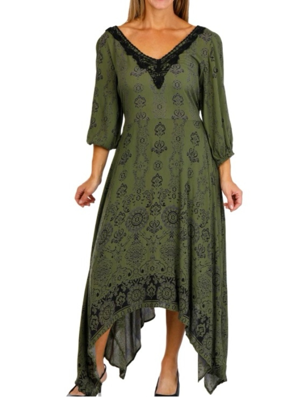 Lola P. Olive Green Damask Print Crochet Lace V-Neck Handkerchief Midi Dress S